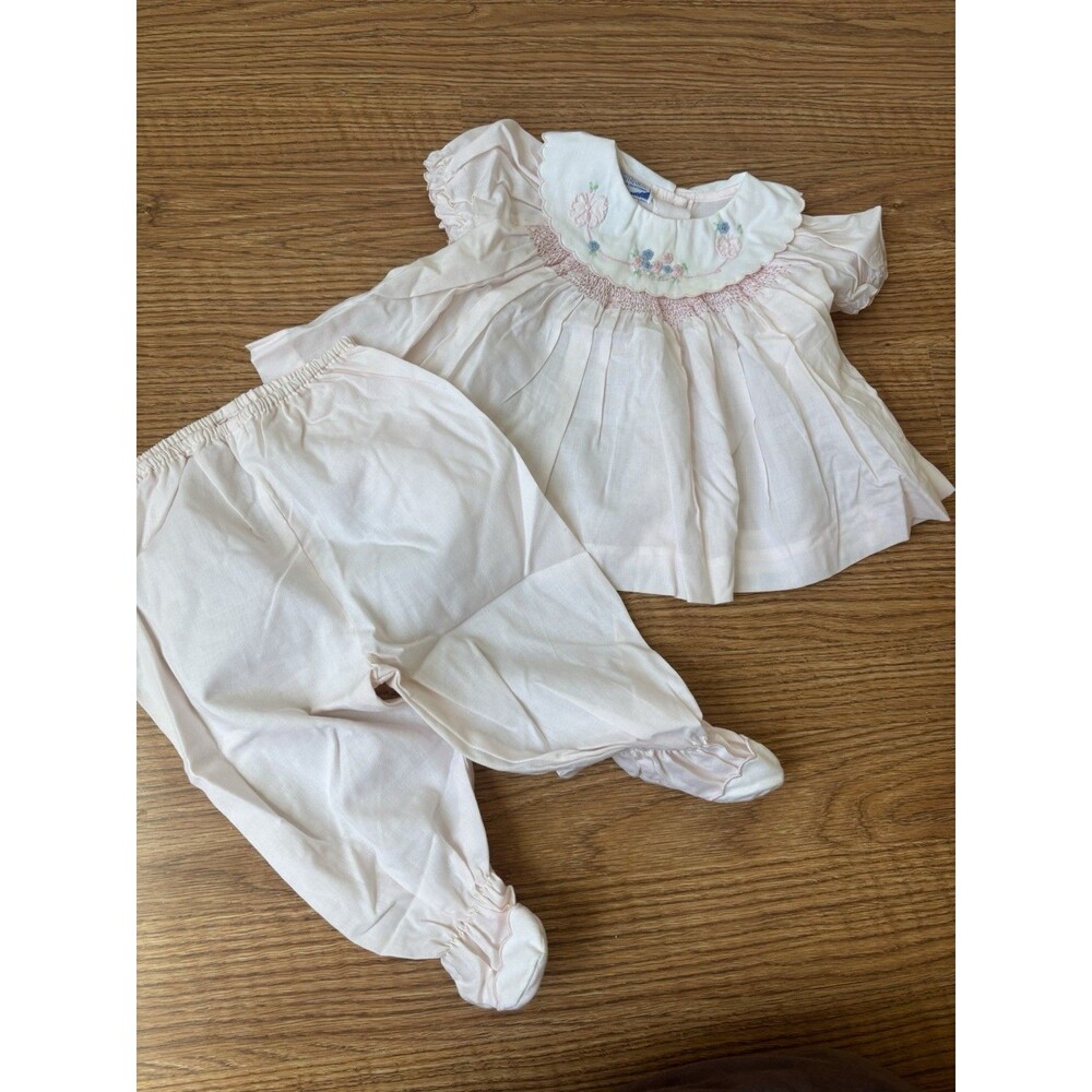 Vintage Embriodered Baby Outfit Top And Pants Smocked Carriage boutique Size 9M